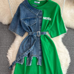 Women Elegant Patchwork Denim Shirts Summer Vintage Casual Slim Blouses Tops with Belted Female New Fashion Pullover Clothes