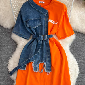 Women Elegant Patchwork Denim Shirts Summer Vintage Casual Slim Blouses Tops with Belted Female New Fashion Pullover Clothes